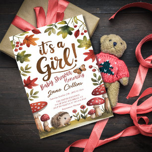 Woodland Hedgehog Mushrooms Girl Baby Shower Invitation