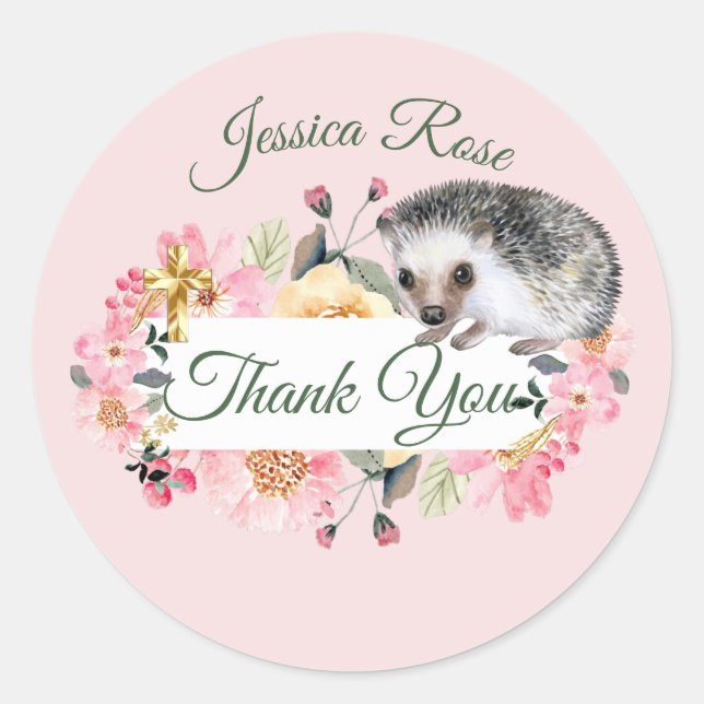 Woodland Hedgehog Pink Girls Christening Baptism  Classic Round Sticker (Front)