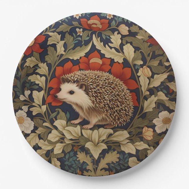 Woodland Hedgehog William Morris Inspired Paper Plate (Front)