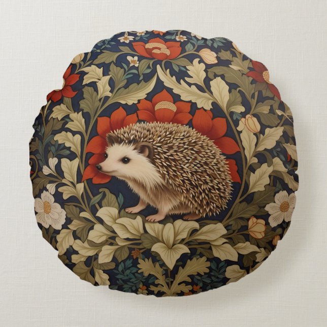 Woodland Hedgehog William Morris Inspired Round Cushion (Front)