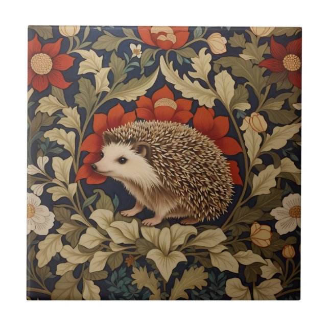 Woodland Hedgehog William Morris Inspired Tile (Front)