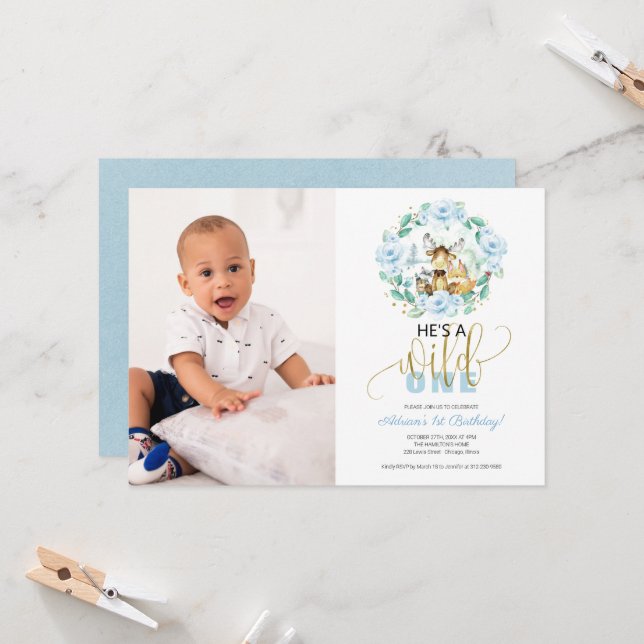 Woodland He's A Wild One Photo First Birthday  Inv Invitation (Front/Back In Situ)