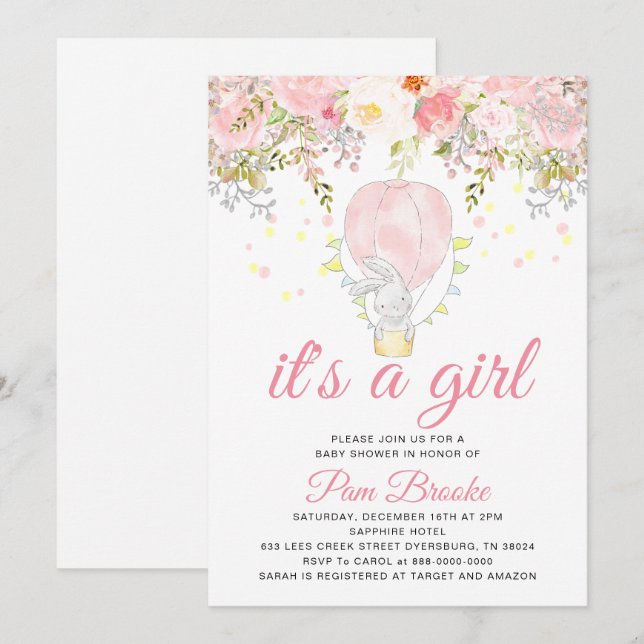 Woodland Hot Air Ballon Bunny Baby Shower Invitation (Front/Back)