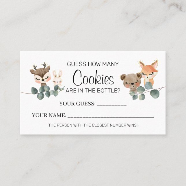 Woodland How many Cookies baby Shower card game (Front)