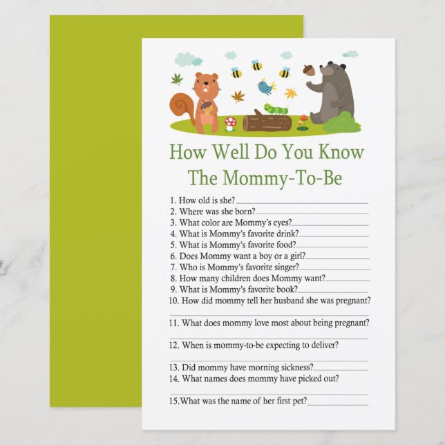 Woodland How well do you know baby shower game (Front/Back)