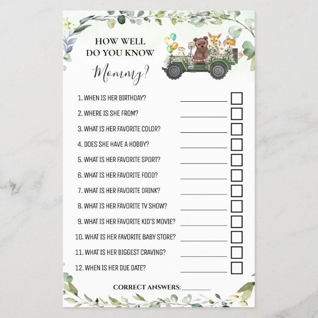 Woodland How well do you know Mum Shower Game Card (Front)