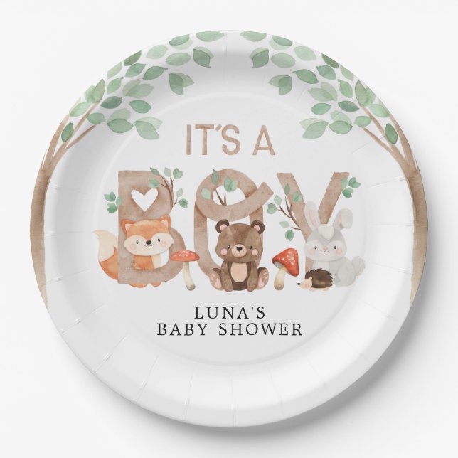 Woodland Its a Boy Baby Shower Paper Plate (Front)