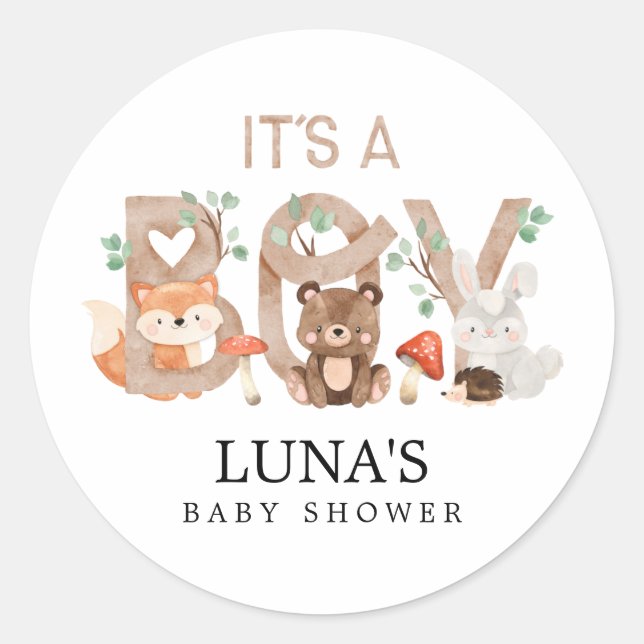 Woodland It's a Boy Baby Shower Stickers (Front)