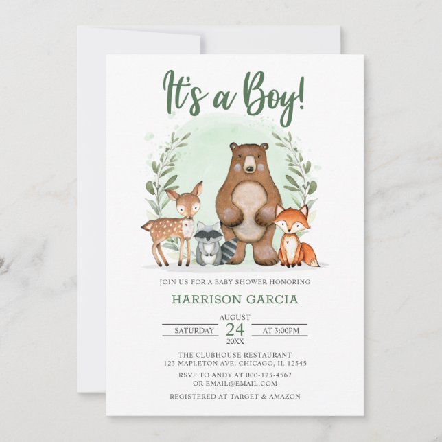 Woodland It's a boy forest friends baby shower Inv Invitation (Front)