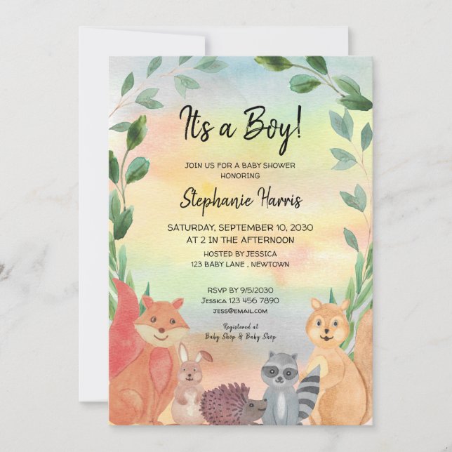 Woodland It's A Boy Forest Friends Baby Shower    Invitation (Front)