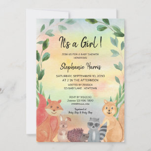Woodland It's A Girl Forest Friends Baby Shower Invitation