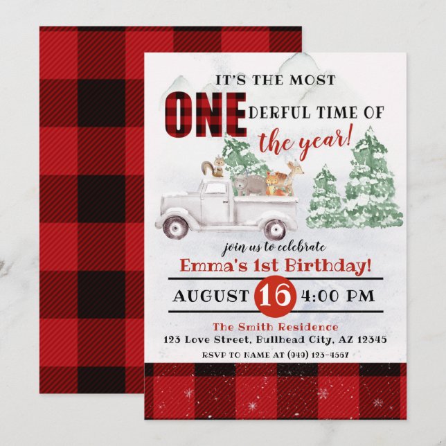 Woodland It's the most ONEderful time 1st Birthday Invitation (Front/Back)