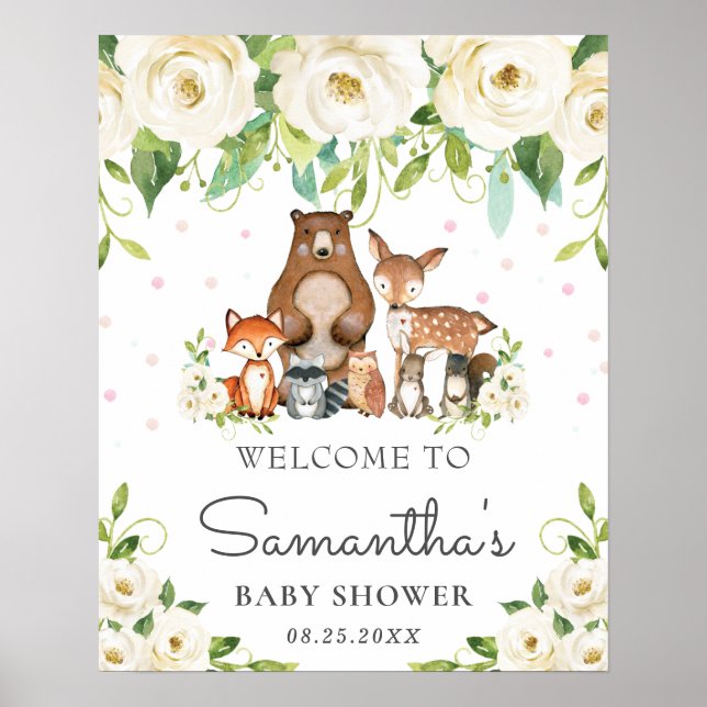 Woodland Ivory Floral Baby Shower Welcome Sign (Front)