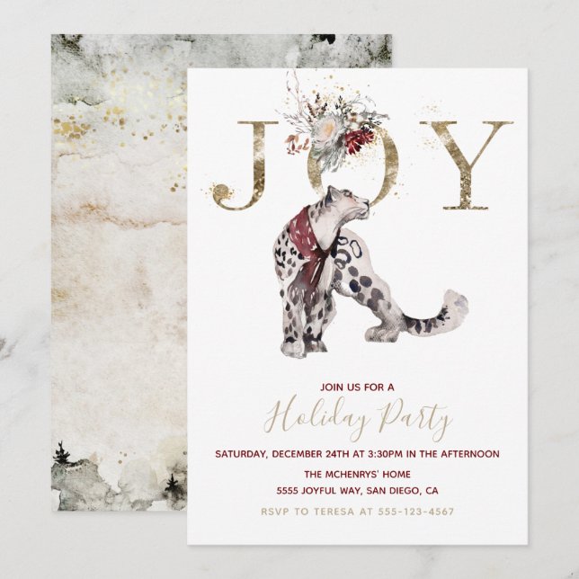 Woodland Joy Snow leopard Holiday Party Invitation (Front/Back)