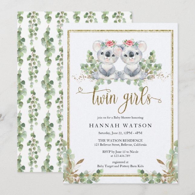 Woodland Koala Eucalyptus Pink Roses Baby Shower Invitation (Front/Back)