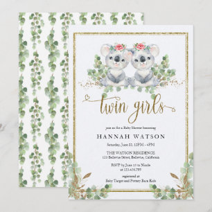 Woodland Koala Eucalyptus Pink Roses Baby Shower Invitation