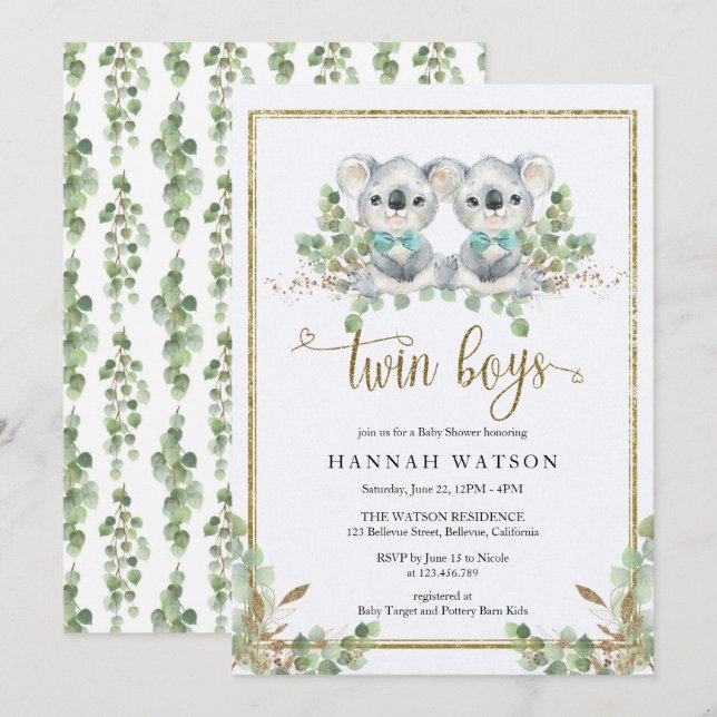 Woodland koala Eucalyptus Twin Boys Baby Shower Invitation (Front/Back)