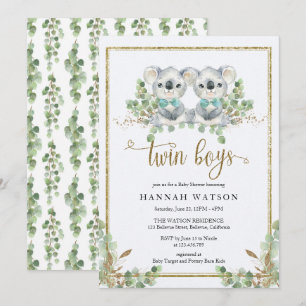Woodland koala Eucalyptus Twin Boys Baby Shower Invitation