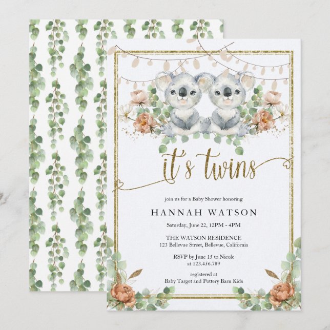 Woodland Koala Gender Neutral Twins Baby Shower Invitation (Front/Back)