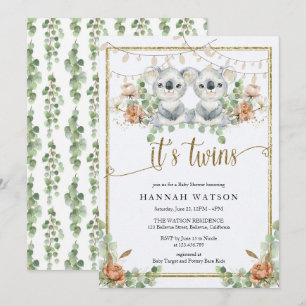 Woodland Koala Gender Neutral Twins Baby Shower Invitation