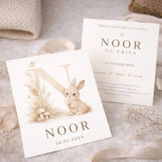 Woodland Konijntje Monogram N Neutraal Geboorte Card