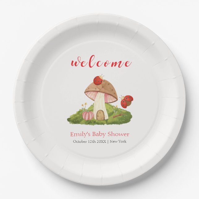Woodland Ladybug Mushroom Baby Shower Welcome  Paper Plate (Front)