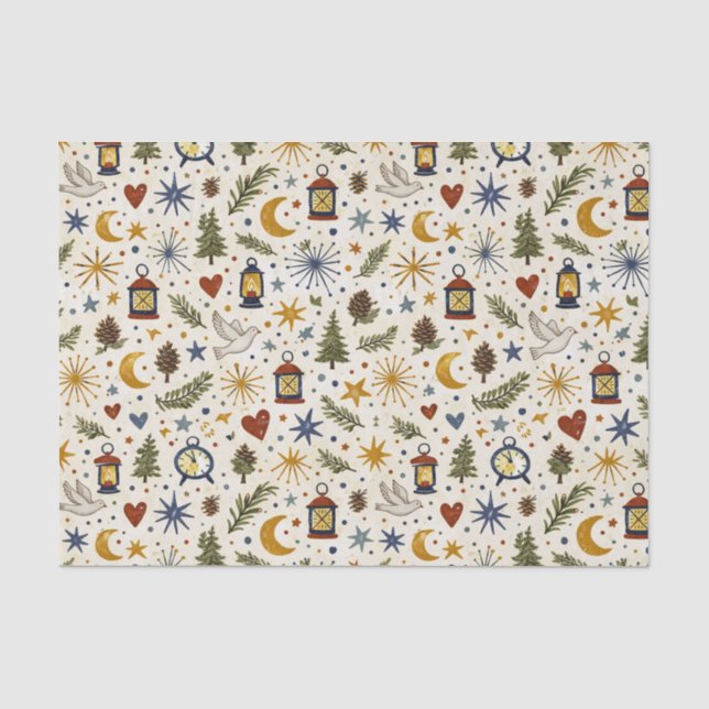 Woodland Lantern Winter Folk Pattern Tissue Paper (Front)