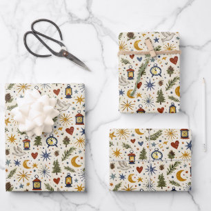 Woodland Lantern Winter Folk Pattern Wrapping Paper Sheet