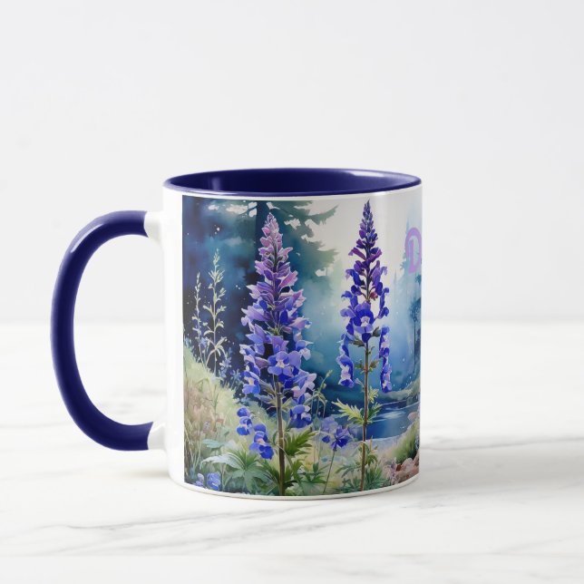 Woodland Larkspur. Personalised Larkspur, Larkspur Mug (Left)