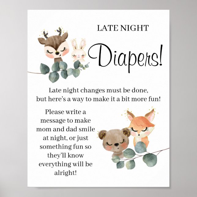 Woodland Late Night Diaper Baby shower game sign (Front)