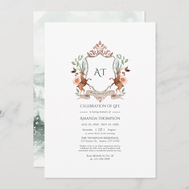 Woodland Laurel Crest Monogram Celebration of Life Invitation (Front/Back)