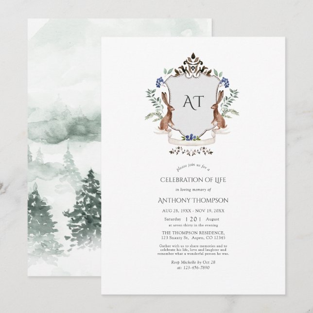 Woodland Laurel Crest Monogram Celebration of Life Invitation (Front/Back)