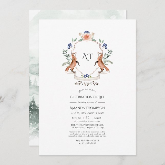 Woodland Laurel Crest Monogram Celebration of Life Invitation (Front/Back)