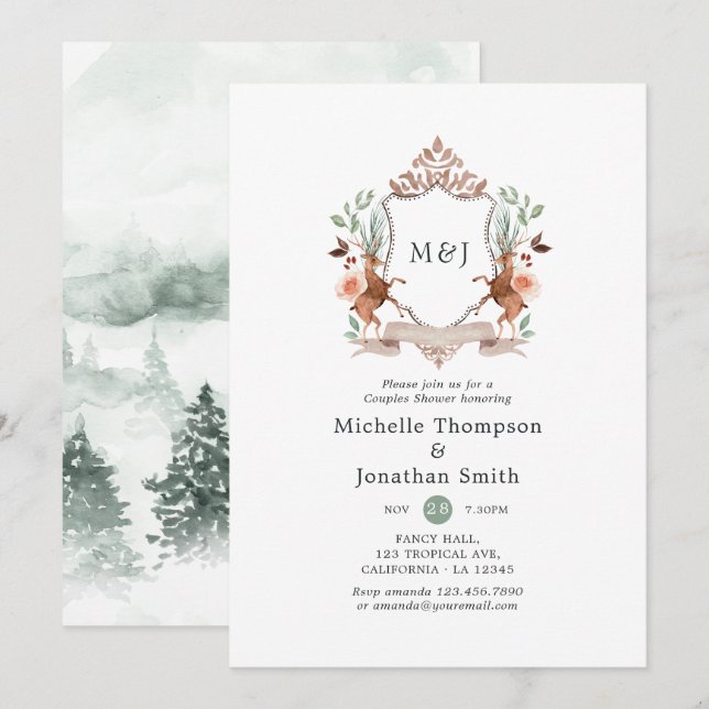 Woodland Laurel Crest Monogram Couples Shower Invitation (Front/Back)