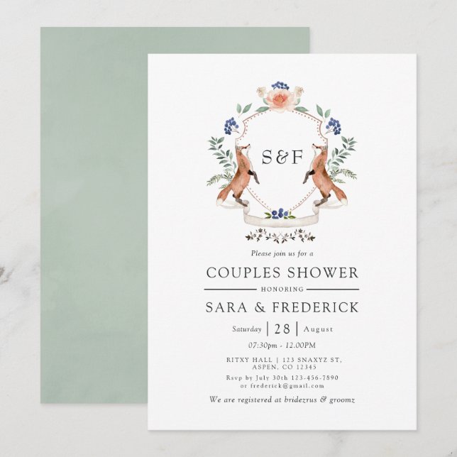 Woodland Laurel Crest Monogram Couples Shower Invitation (Front/Back)