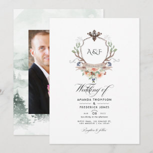Woodland Laurel Crest Monogram Wedding Photo Invitation
