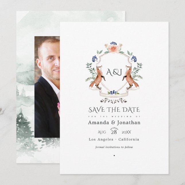 Woodland Laurel Crest Monogram Wedding Photo Save The Date (Front/Back)