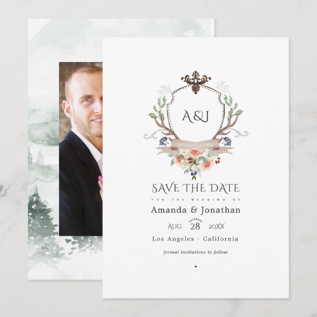 Woodland Laurel Crest Monogram Wedding Photo Save The Date (Front/Back)