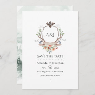 Woodland Laurel Crest Monogram Wedding Photo Save The Date