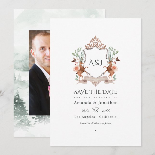 Woodland Laurel Crest Monogram Wedding Photo Save The Date (Front/Back)