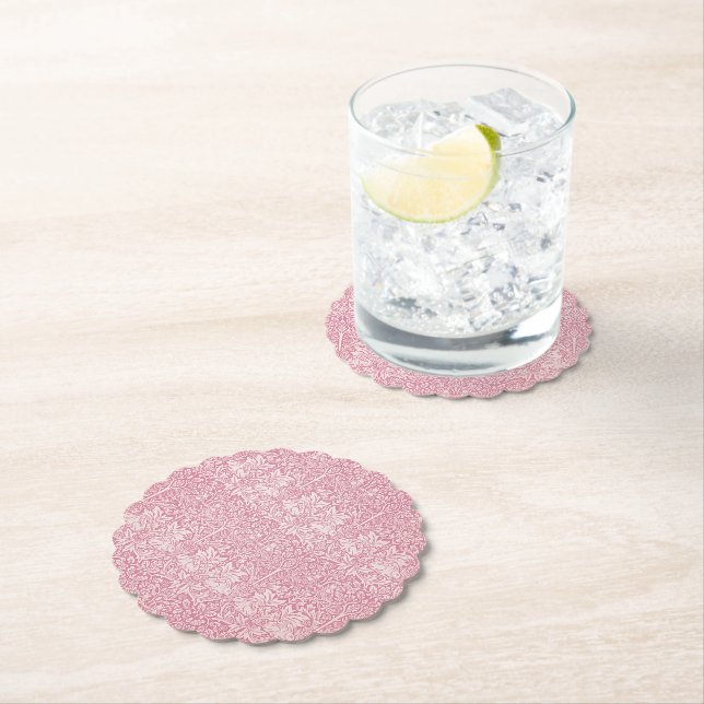 Woodland Leaves Pink Rabbit William Morris Pattern Paper Coaster (Insitu)