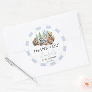 Woodland light blue forest baby boy shower classic round sticker