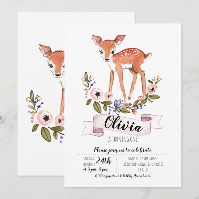 Woodland little  Deer first birthday invitation (Front/Back)