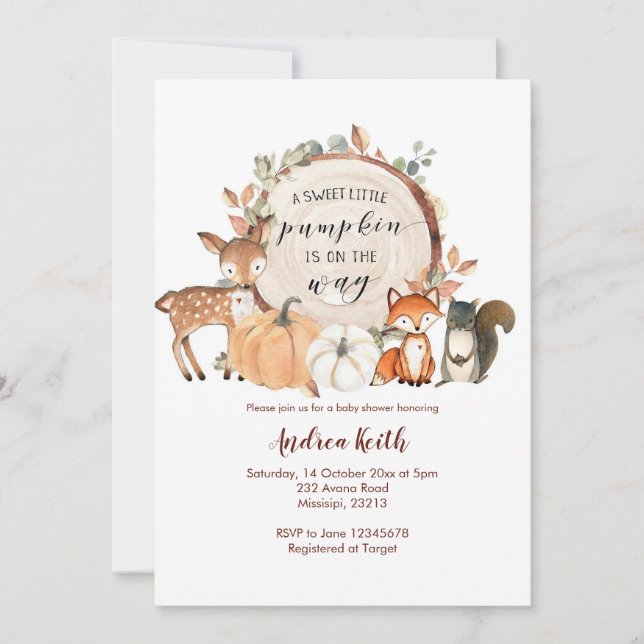 Woodland Little Pumpkin Is On The Way Baby Shower Invitation (Front)