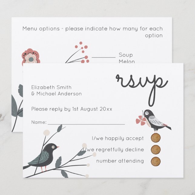 Woodland Love Birds Wedding RSVP MENU Rustic Kraft Invitation (Front/Back)