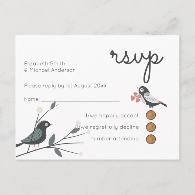 Woodland Love Birds Wedding RSVP Return Budget Invitation Postcard (Front)