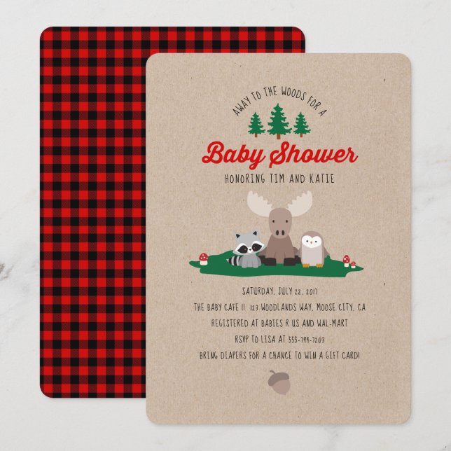 Woodland Lumberjack Baby Shower Animals Invitation (Front/Back)