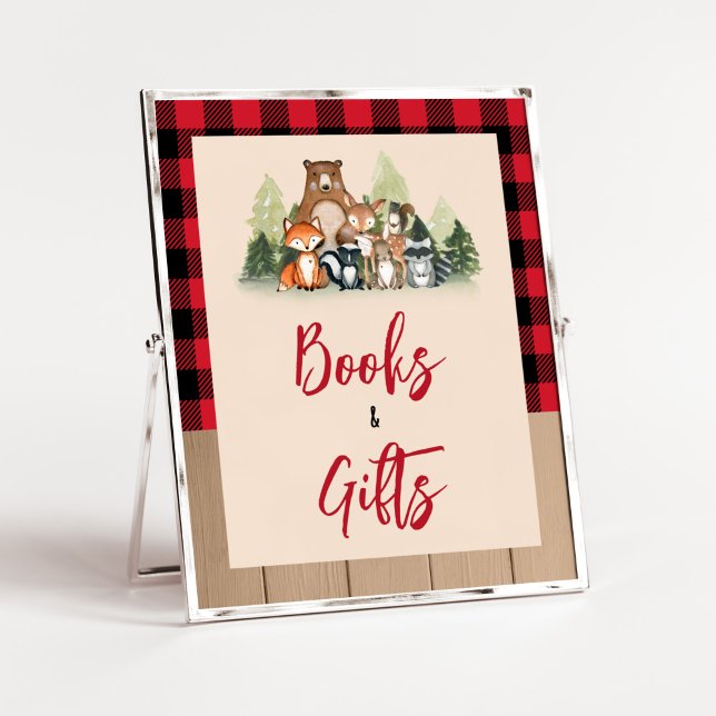 Woodland Lumberjack Baby Shower Books and Gifts Poster (Plaid Lumberjack Baby Shower Books and Gifts Sign)