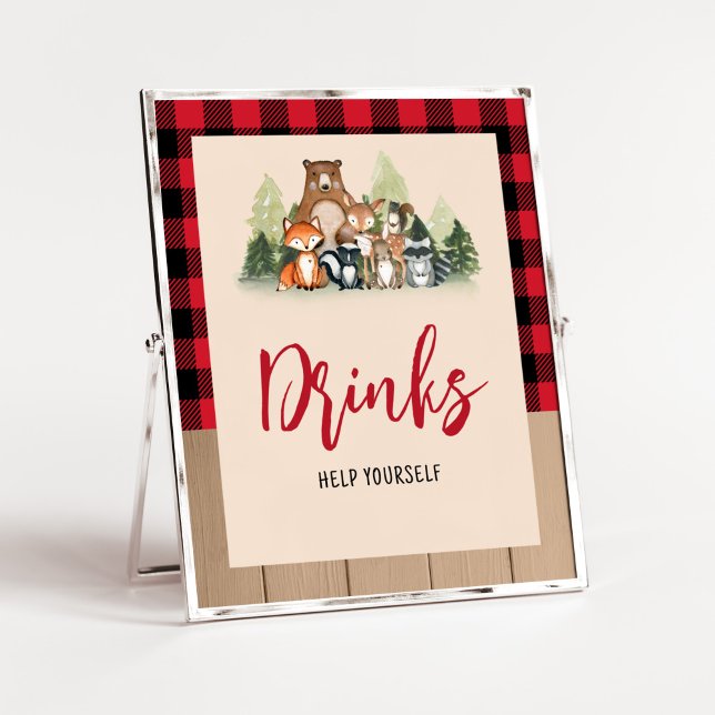 Woodland Lumberjack Baby Shower Drinks Poster (Plaid Lumberjack Baby Shower Drinks Sign)