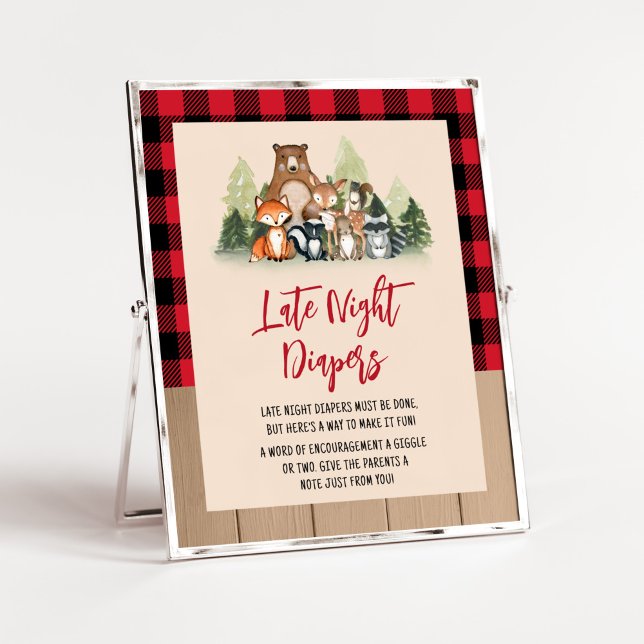 Woodland Lumberjack Baby Shower Late Night Diapers Poster (Plaid Lumberjack Baby Shower Late Night Diapers Sign)